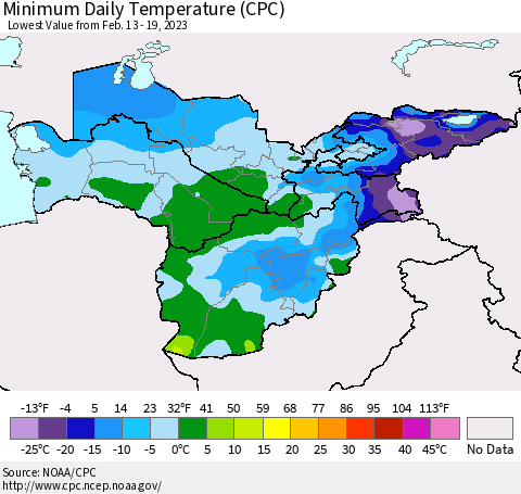 Central Asia Minimum Daily Temperature (CPC) Thematic Map For 2/13/2023 - 2/19/2023