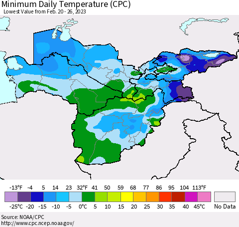 Central Asia Minimum Daily Temperature (CPC) Thematic Map For 2/20/2023 - 2/26/2023