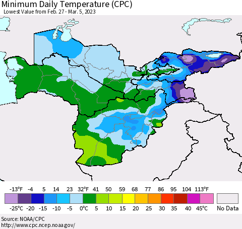 Central Asia Minimum Daily Temperature (CPC) Thematic Map For 2/27/2023 - 3/5/2023