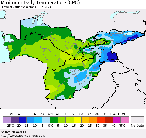 Central Asia Minimum Daily Temperature (CPC) Thematic Map For 3/6/2023 - 3/12/2023