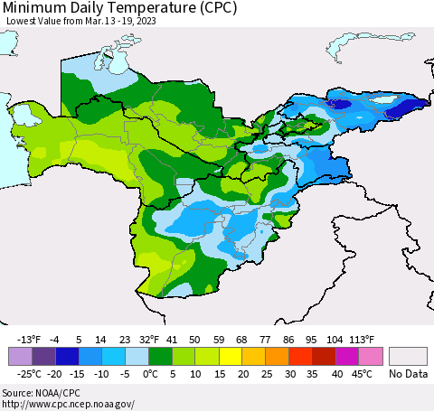 Central Asia Minimum Daily Temperature (CPC) Thematic Map For 3/13/2023 - 3/19/2023