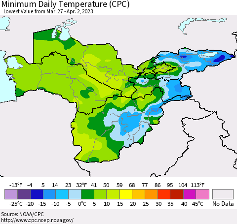 Central Asia Minimum Daily Temperature (CPC) Thematic Map For 3/27/2023 - 4/2/2023