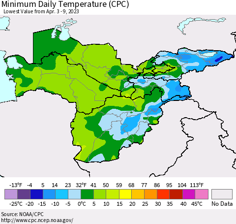 Central Asia Minimum Daily Temperature (CPC) Thematic Map For 4/3/2023 - 4/9/2023