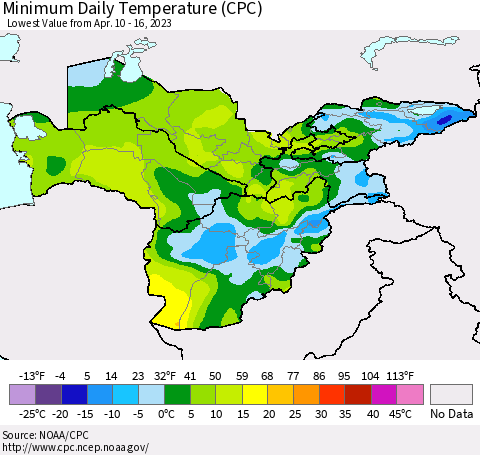 Central Asia Minimum Daily Temperature (CPC) Thematic Map For 4/10/2023 - 4/16/2023