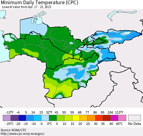 Central Asia Minimum Daily Temperature (CPC) Thematic Map For 4/17/2023 - 4/23/2023