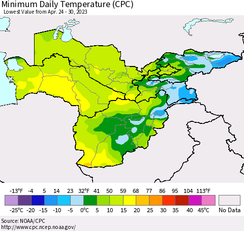Central Asia Minimum Daily Temperature (CPC) Thematic Map For 4/24/2023 - 4/30/2023
