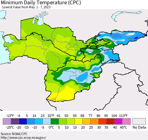 Central Asia Minimum Daily Temperature (CPC) Thematic Map For 5/1/2023 - 5/7/2023