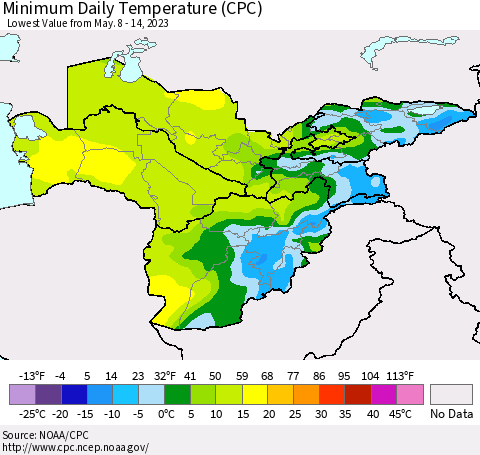 Central Asia Minimum Daily Temperature (CPC) Thematic Map For 5/8/2023 - 5/14/2023