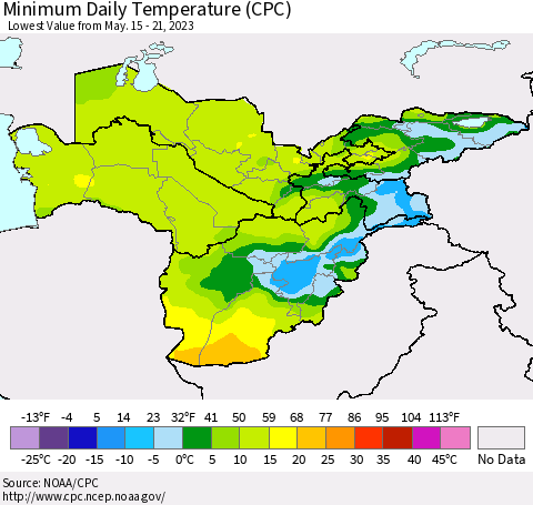 Central Asia Minimum Daily Temperature (CPC) Thematic Map For 5/15/2023 - 5/21/2023