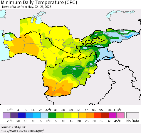 Central Asia Minimum Daily Temperature (CPC) Thematic Map For 5/22/2023 - 5/28/2023