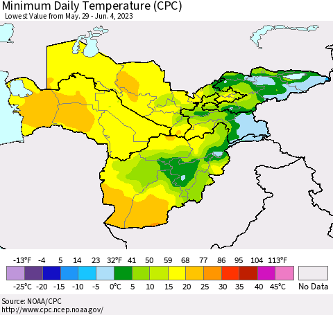 Central Asia Minimum Daily Temperature (CPC) Thematic Map For 5/29/2023 - 6/4/2023