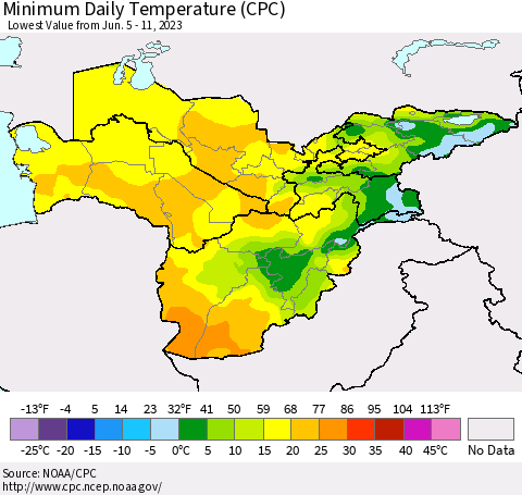 Central Asia Minimum Daily Temperature (CPC) Thematic Map For 6/5/2023 - 6/11/2023