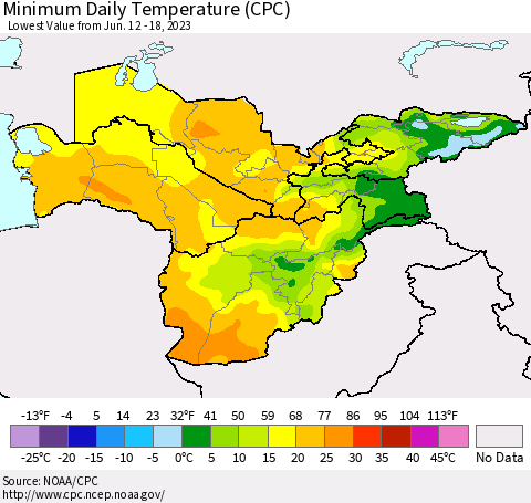 Central Asia Minimum Daily Temperature (CPC) Thematic Map For 6/12/2023 - 6/18/2023