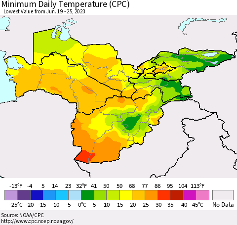 Central Asia Minimum Daily Temperature (CPC) Thematic Map For 6/19/2023 - 6/25/2023