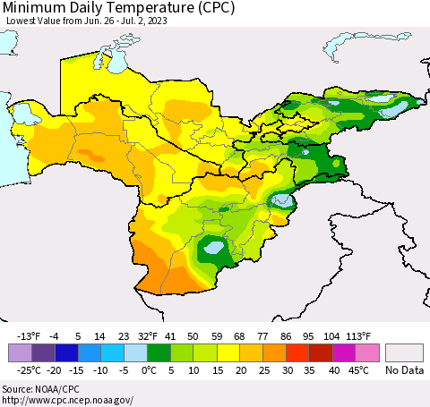 Central Asia Minimum Daily Temperature (CPC) Thematic Map For 6/26/2023 - 7/2/2023