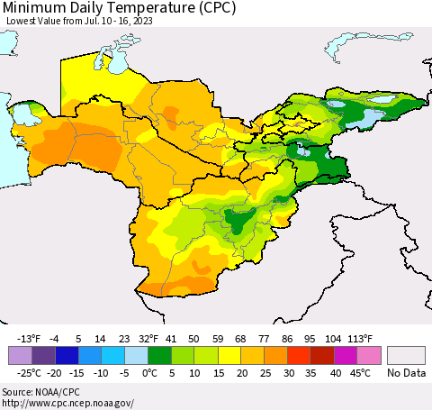 Central Asia Minimum Daily Temperature (CPC) Thematic Map For 7/10/2023 - 7/16/2023