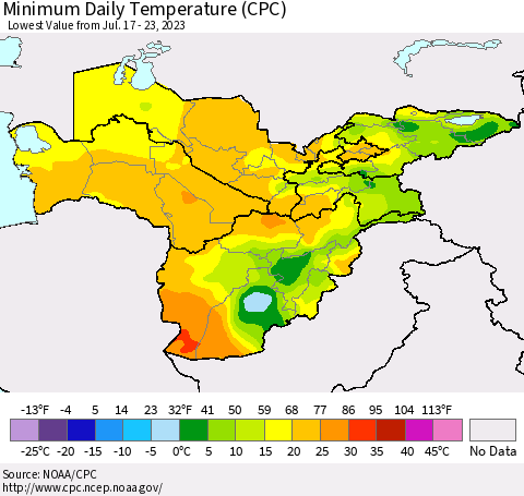 Central Asia Minimum Daily Temperature (CPC) Thematic Map For 7/17/2023 - 7/23/2023
