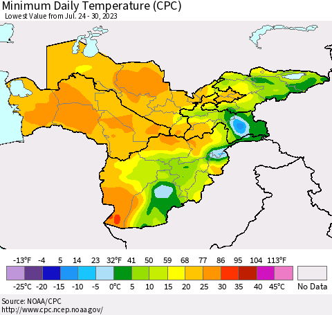 Central Asia Minimum Daily Temperature (CPC) Thematic Map For 7/24/2023 - 7/30/2023