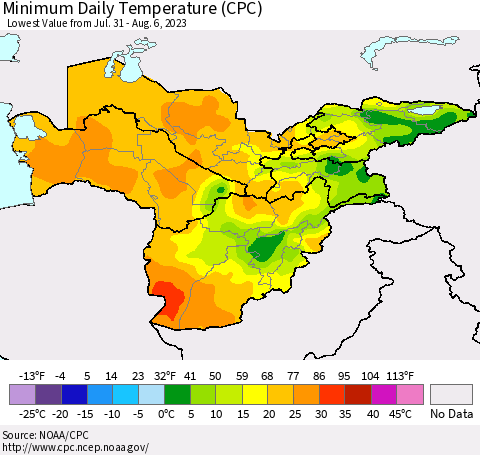Central Asia Minimum Daily Temperature (CPC) Thematic Map For 7/31/2023 - 8/6/2023
