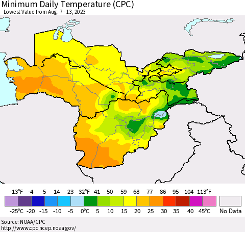 Central Asia Minimum Daily Temperature (CPC) Thematic Map For 8/7/2023 - 8/13/2023