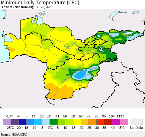 Central Asia Minimum Daily Temperature (CPC) Thematic Map For 8/14/2023 - 8/20/2023