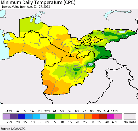 Central Asia Minimum Daily Temperature (CPC) Thematic Map For 8/21/2023 - 8/27/2023