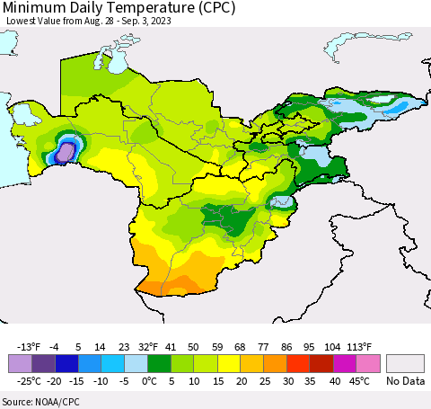 Central Asia Minimum Daily Temperature (CPC) Thematic Map For 8/28/2023 - 9/3/2023