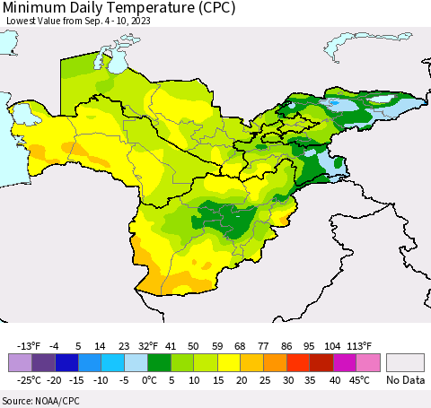 Central Asia Minimum Daily Temperature (CPC) Thematic Map For 9/4/2023 - 9/10/2023