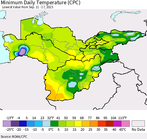 Central Asia Minimum Daily Temperature (CPC) Thematic Map For 9/11/2023 - 9/17/2023