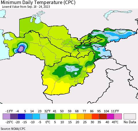 Central Asia Minimum Daily Temperature (CPC) Thematic Map For 9/18/2023 - 9/24/2023