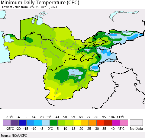 Central Asia Minimum Daily Temperature (CPC) Thematic Map For 9/25/2023 - 10/1/2023