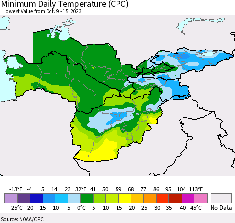 Central Asia Minimum Daily Temperature (CPC) Thematic Map For 10/9/2023 - 10/15/2023