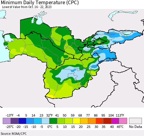 Central Asia Minimum Daily Temperature (CPC) Thematic Map For 10/16/2023 - 10/22/2023
