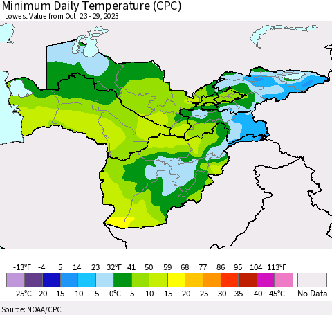 Central Asia Minimum Daily Temperature (CPC) Thematic Map For 10/23/2023 - 10/29/2023