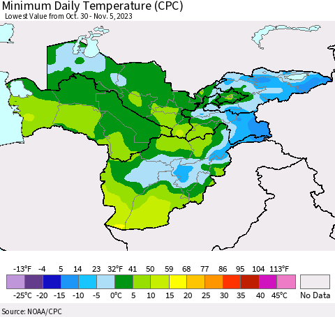 Central Asia Minimum Daily Temperature (CPC) Thematic Map For 10/30/2023 - 11/5/2023