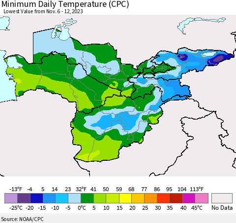 Central Asia Minimum Daily Temperature (CPC) Thematic Map For 11/6/2023 - 11/12/2023