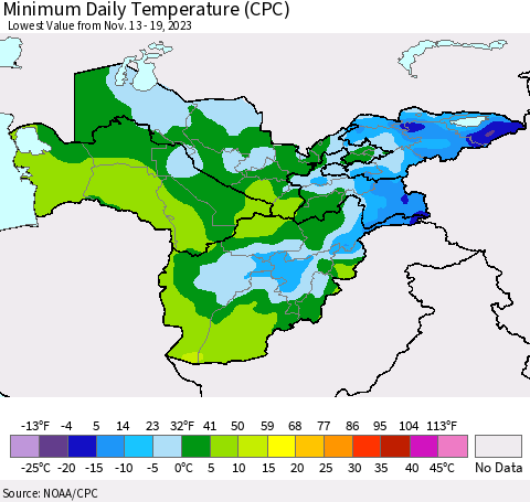 Central Asia Minimum Daily Temperature (CPC) Thematic Map For 11/13/2023 - 11/19/2023