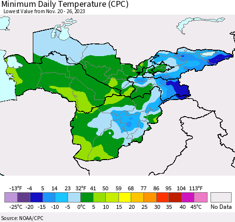 Central Asia Minimum Daily Temperature (CPC) Thematic Map For 11/20/2023 - 11/26/2023