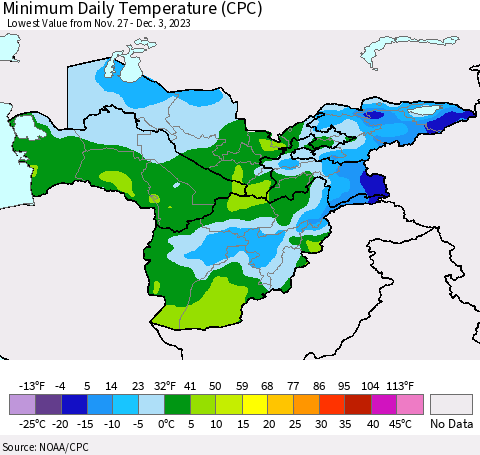 Central Asia Minimum Daily Temperature (CPC) Thematic Map For 11/27/2023 - 12/3/2023