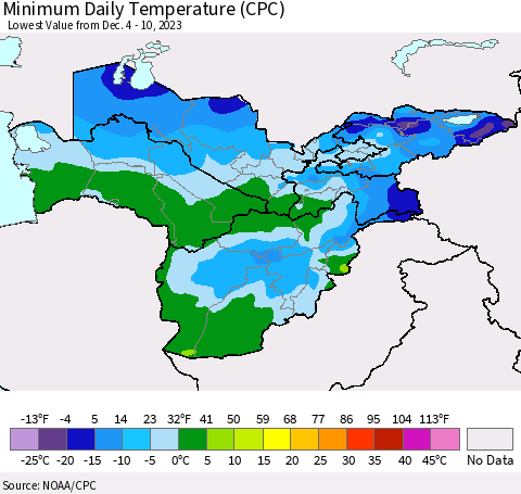 Central Asia Minimum Daily Temperature (CPC) Thematic Map For 12/4/2023 - 12/10/2023