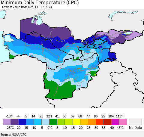 Central Asia Minimum Daily Temperature (CPC) Thematic Map For 12/11/2023 - 12/17/2023