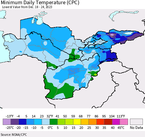 Central Asia Minimum Daily Temperature (CPC) Thematic Map For 12/18/2023 - 12/24/2023