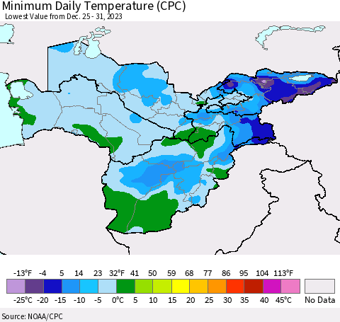 Central Asia Minimum Daily Temperature (CPC) Thematic Map For 12/25/2023 - 12/31/2023