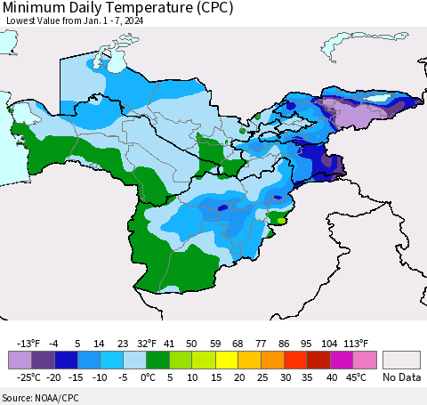 Central Asia Minimum Daily Temperature (CPC) Thematic Map For 1/1/2024 - 1/7/2024
