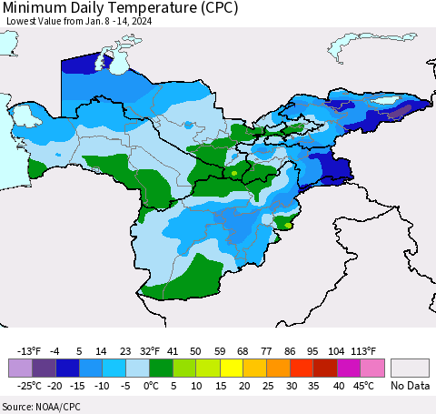 Central Asia Minimum Daily Temperature (CPC) Thematic Map For 1/8/2024 - 1/14/2024