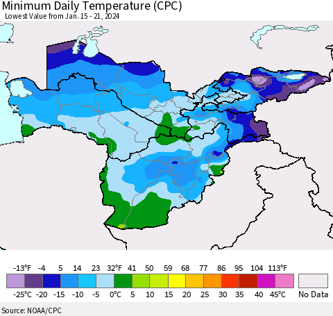 Central Asia Minimum Daily Temperature (CPC) Thematic Map For 1/15/2024 - 1/21/2024