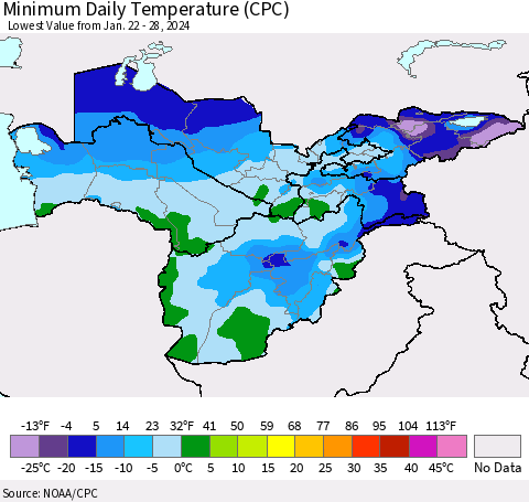 Central Asia Minimum Daily Temperature (CPC) Thematic Map For 1/22/2024 - 1/28/2024