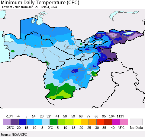 Central Asia Minimum Daily Temperature (CPC) Thematic Map For 1/29/2024 - 2/4/2024