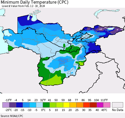 Central Asia Minimum Daily Temperature (CPC) Thematic Map For 2/12/2024 - 2/18/2024