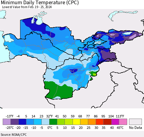 Central Asia Minimum Daily Temperature (CPC) Thematic Map For 2/19/2024 - 2/25/2024